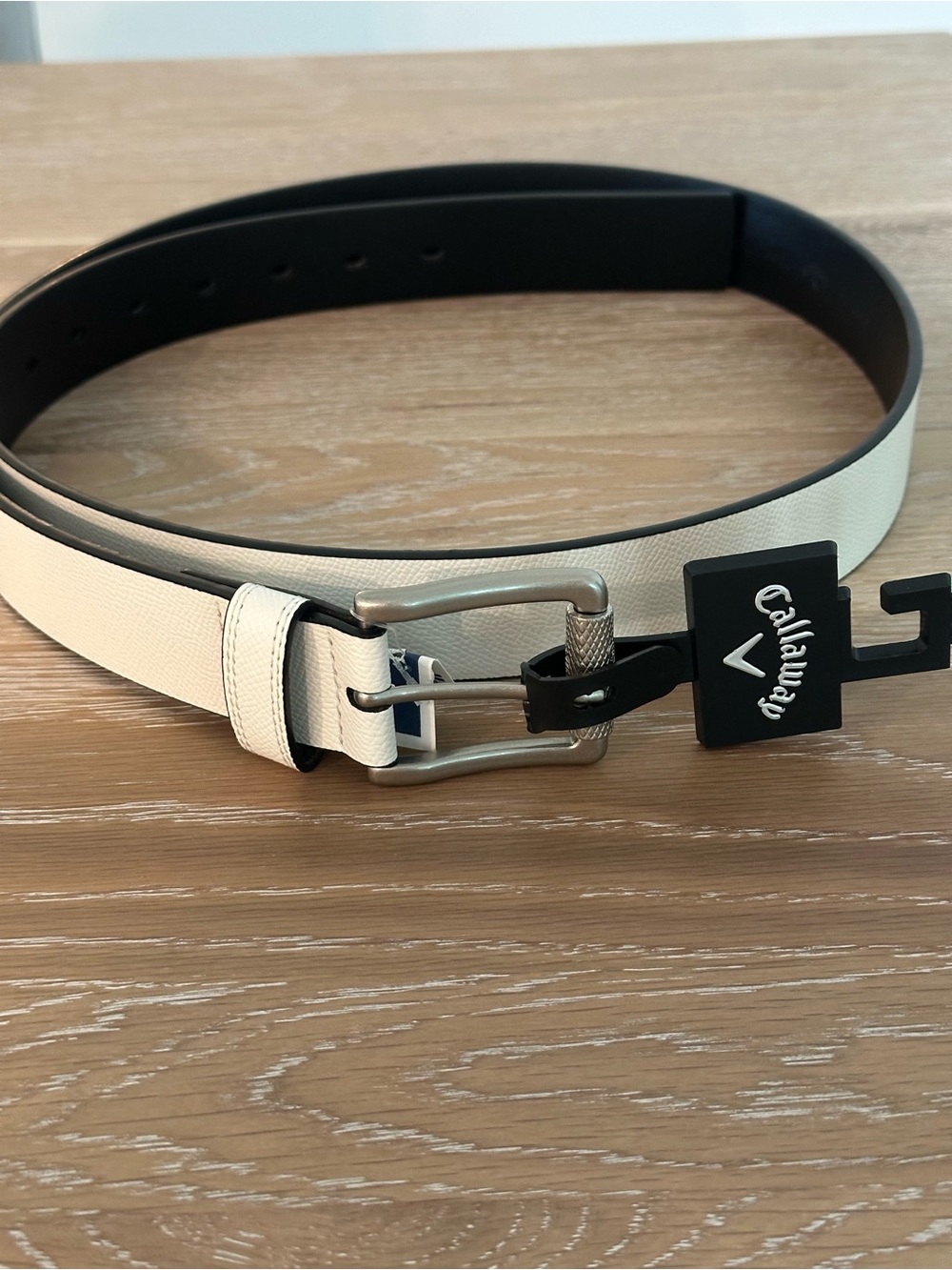 Callaway Reversible Cream and Black Men's Belt with Brushed Metal Buckle